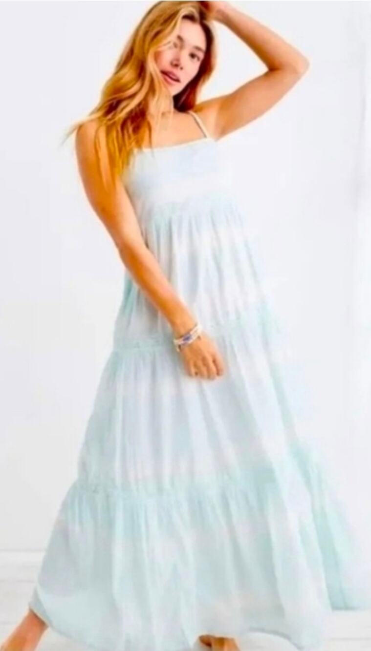 Aerie Aqua Striped Coastal Lace Trim Tiered Criss Cross Back Dress Small